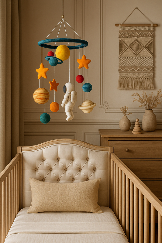 Handmade Felt Mobile – Astronaut and Planets for Baby Room