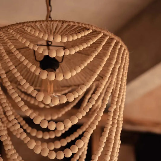 Grand Lustre en Perles de Bois Naturel - Suspension Boho Chic (Taille L)