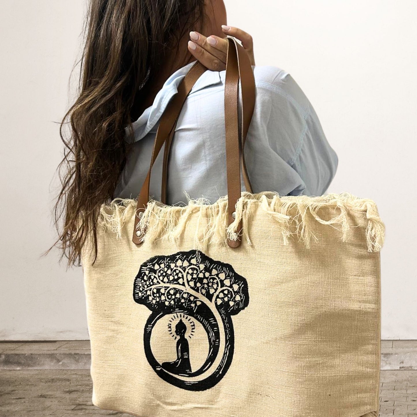 Natural Tote Bag Leather Handle - Buddha