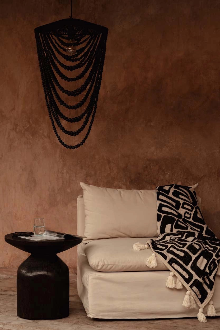 Grand Lustre en Perles de Bois Naturel - Noir - Suspension Boho Chic (Taille L)