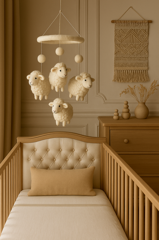 Créez une ambiance douce avec notre mobile mouton en feutre fait main. Un accessoire artisanal idéal pour la chambre des tout-petits.