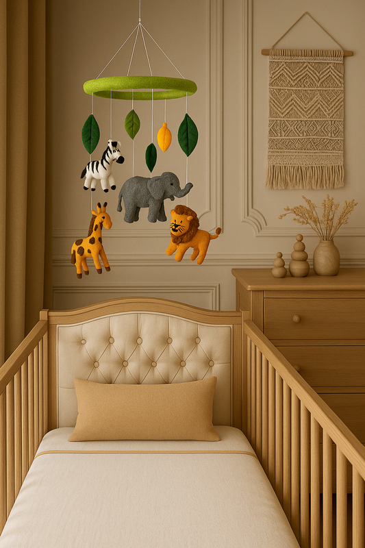 Émerveillez la chambre de bébé avec notre mobile Safari en feutre fait main. Animaux de la savane en laine naturelle pour une décoration douce et artisanale.