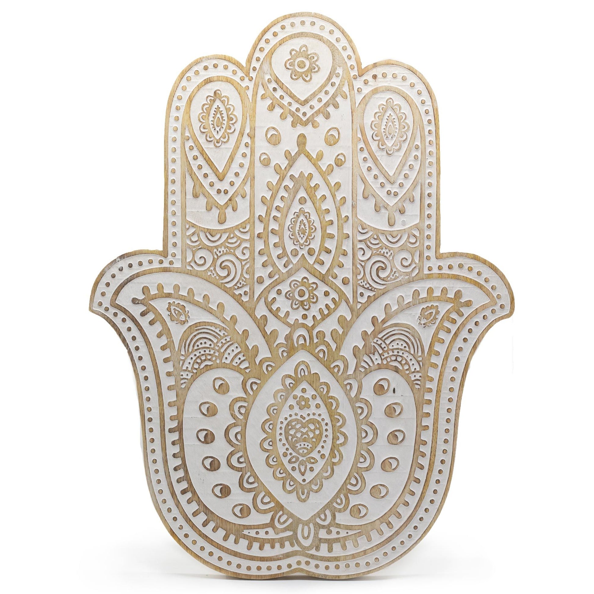 Mango Wood Hamsa Wall Plaque - Whitewash 52 cm