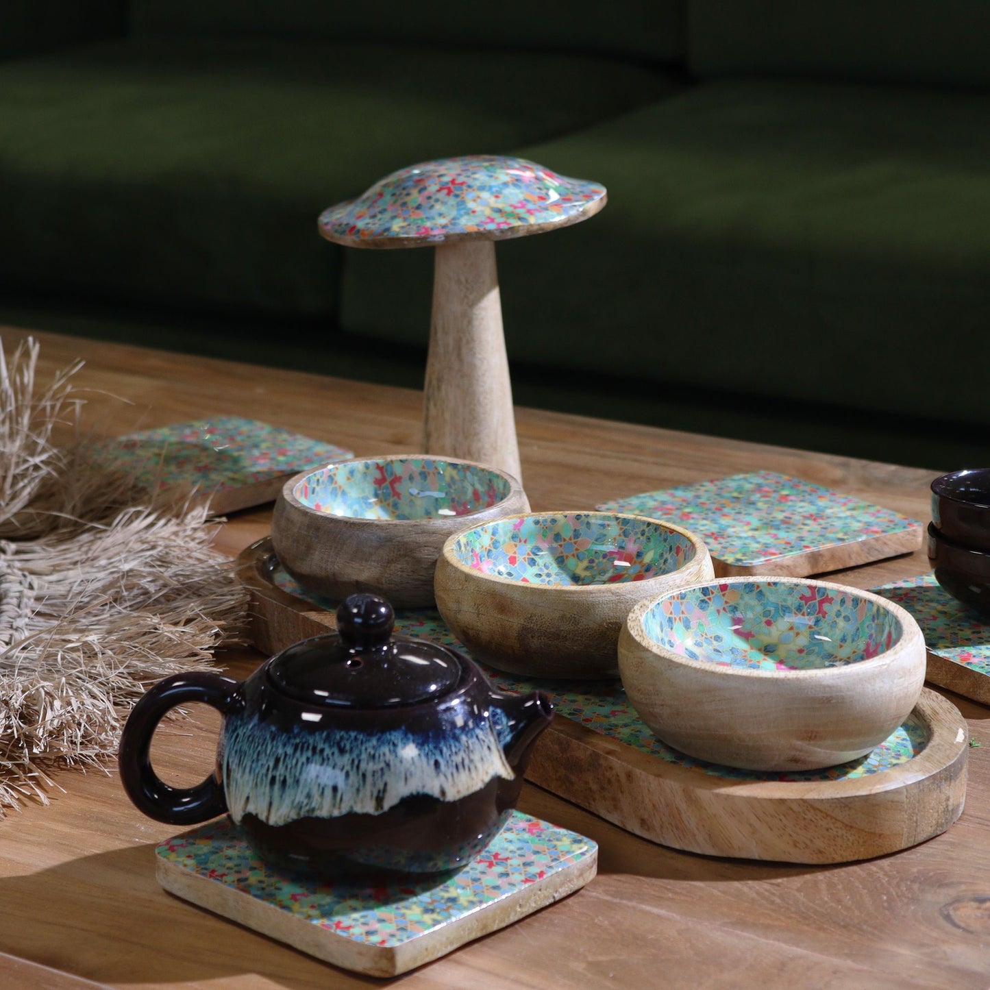 Mango Wood Tray with 3 Bowls - Mediterraian Tile pattern