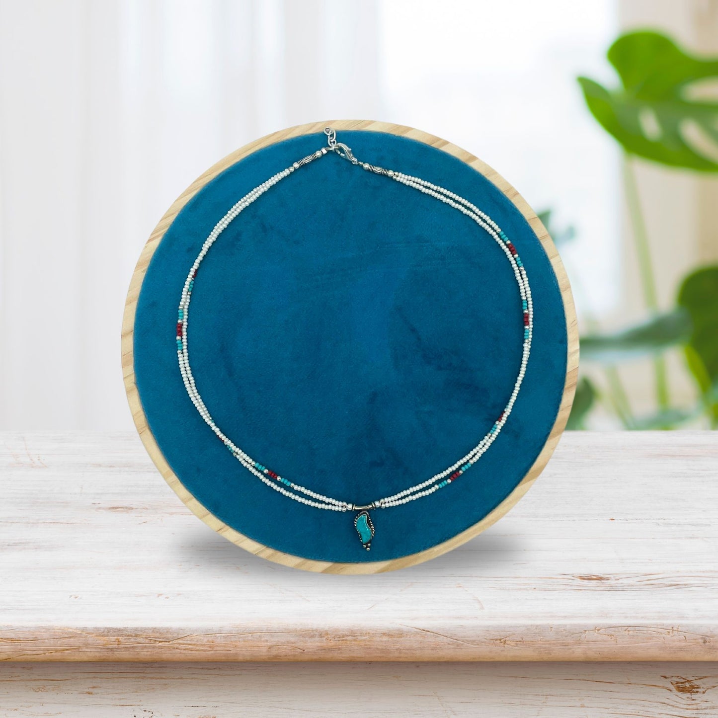 Nepalese Extra Fine Two Line Necklace - Pearl & Turquoise Pendant