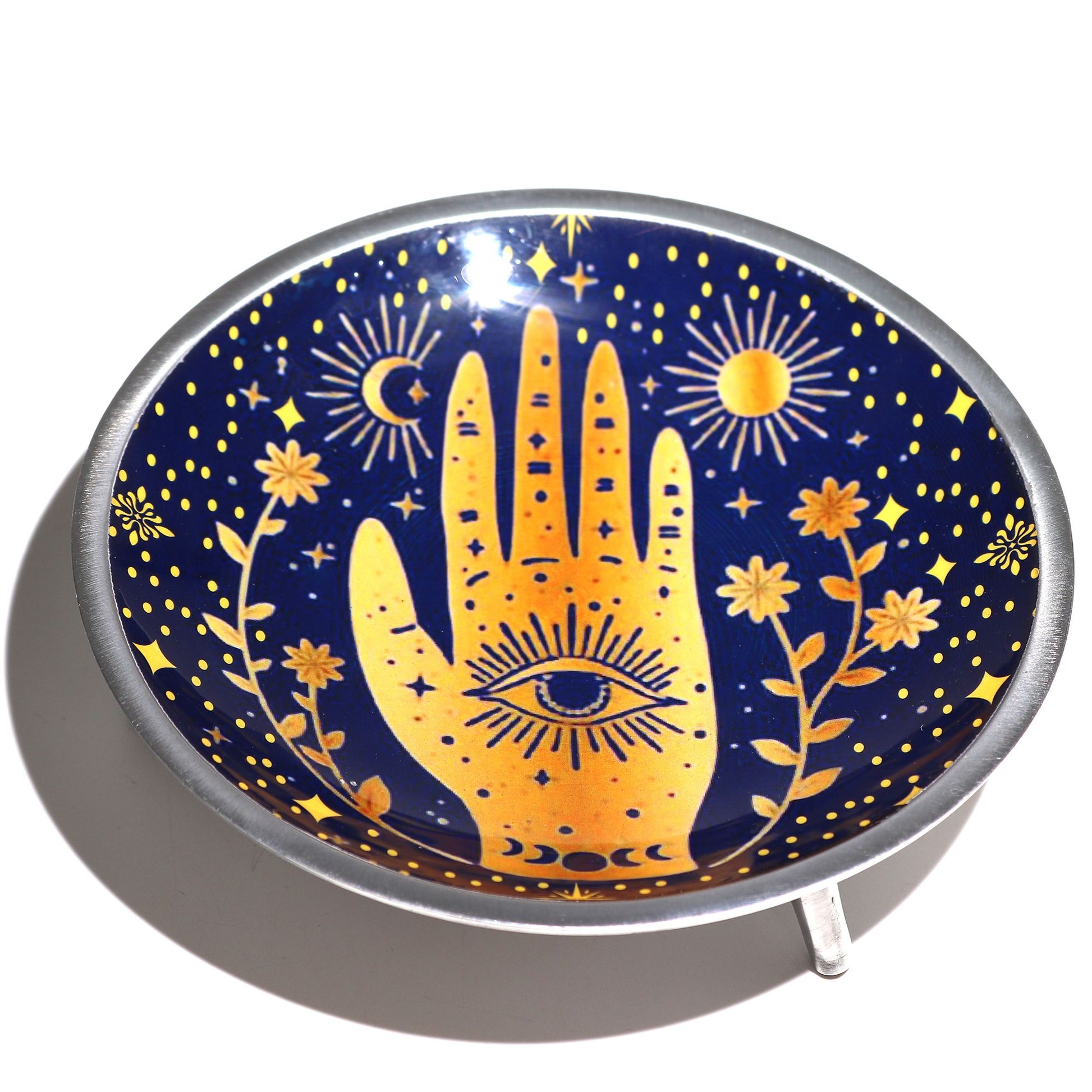 Triple Leg Enameled Offering Plate - Hamsa Midnight Blue