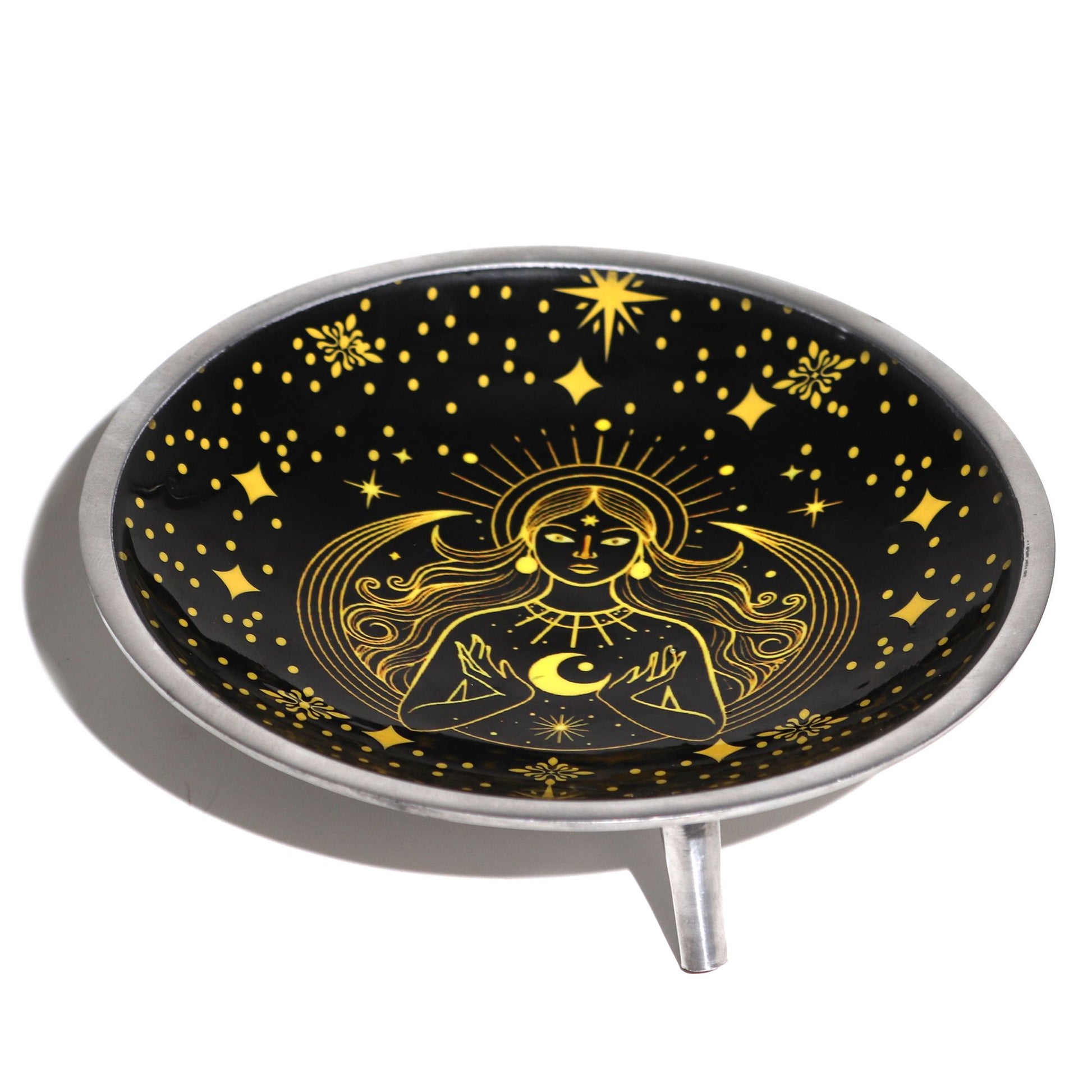 Triple Leg Enameled Offering Plate - Gold Goddess on Black