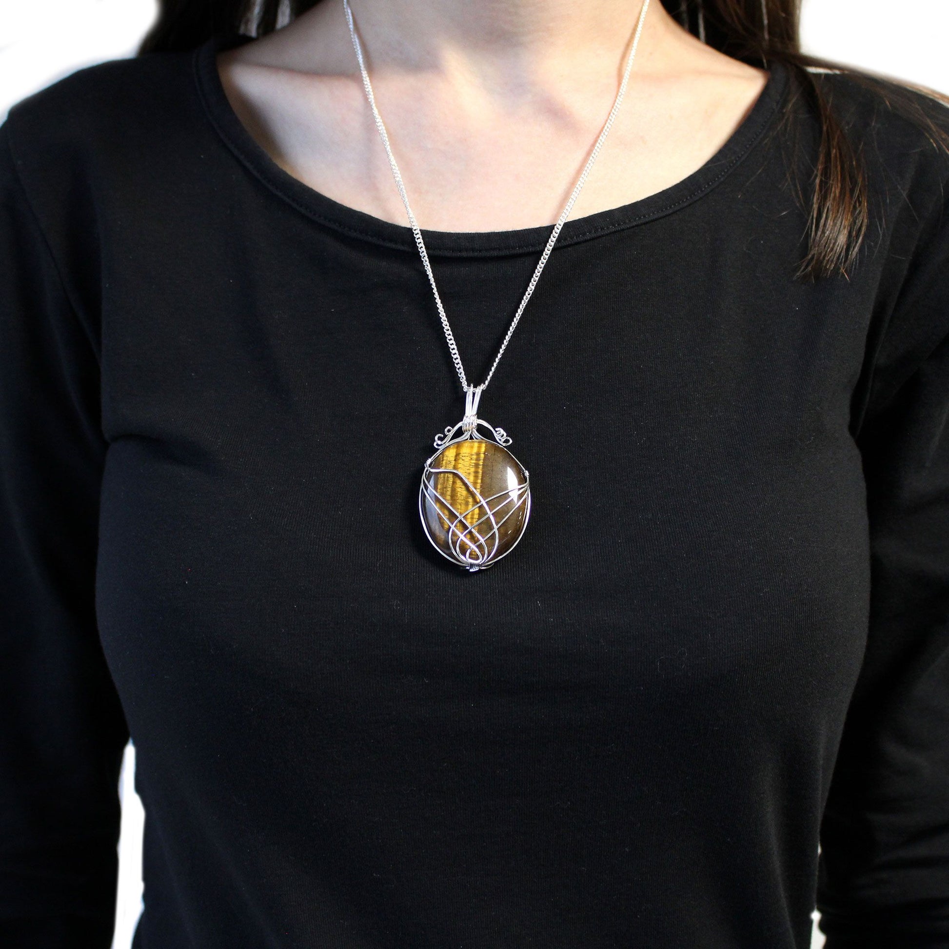 Swirl Wrapped Gemstone Necklace - Tiger Eye