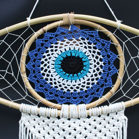 Protection Dream Cather - Lrg Macrame Evil Eye Blue/White/Black