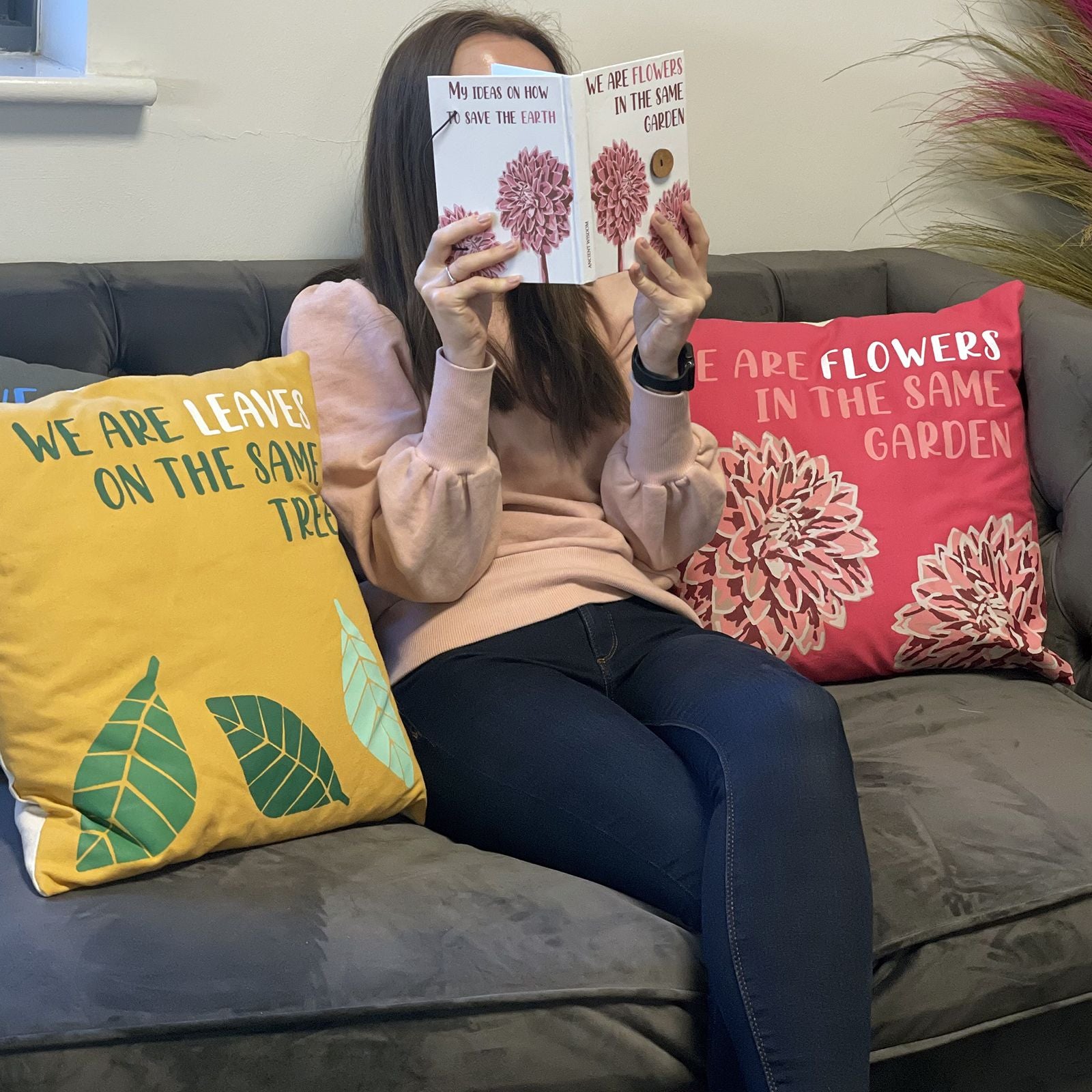 Printed Cotton Cushion Cover - We are Flowers - Olive