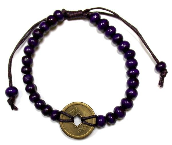 Purple Feng Shui Good Luck Bracelet | Wooden Beads &amp; Bali Fortune Coin